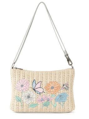 Sakroots Lumi Flower City Straw Convertible Crossbody Embroidered Butterfly Bee